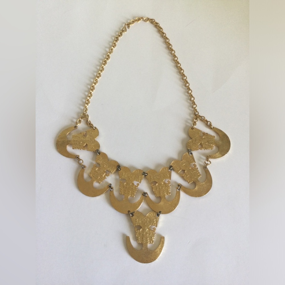 VINTAGE LA ROYALE BIRD MAN NECKLACE PRE COLUMBIAN BIB GOLD 60’S TRIBAL SIGNED